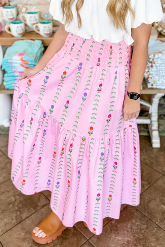Pink Printed Smocked Tiered Maxi Skirt
