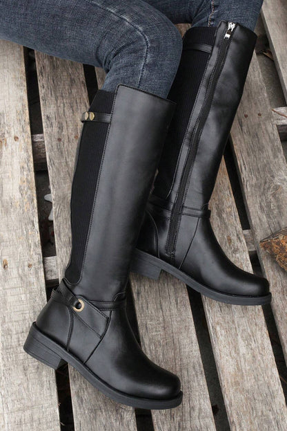 Bottes noires à talons bas et épais, hauteur genou, avec fermeture éclair latérale