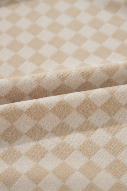 Khaki Checkered Print Kangaroo Pocket Drawstring Hoodie