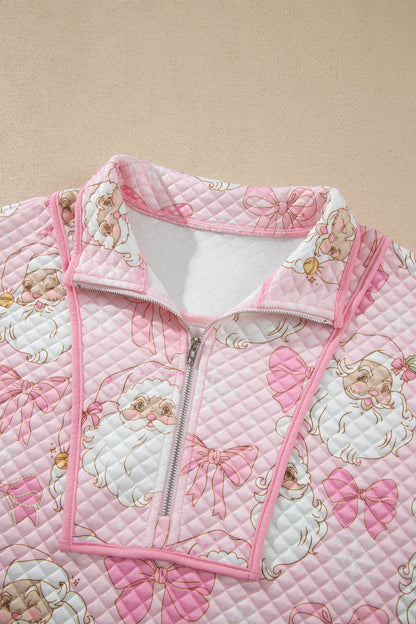 Pink Abstract Christmas Print Zip-Up Collar Long Sleeve Sweatshirt