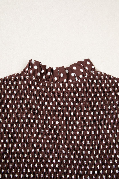 Brown Polka Dot Ruffled High Neck Shirred Ruffle Hem Blouse