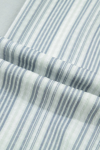 Blue Stripe V Neck Shirred Long Sleeve Blouse