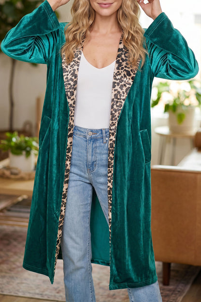Skobeloff Velvet Contrast Leopard Print Lapel Collar Open Front Cardigan