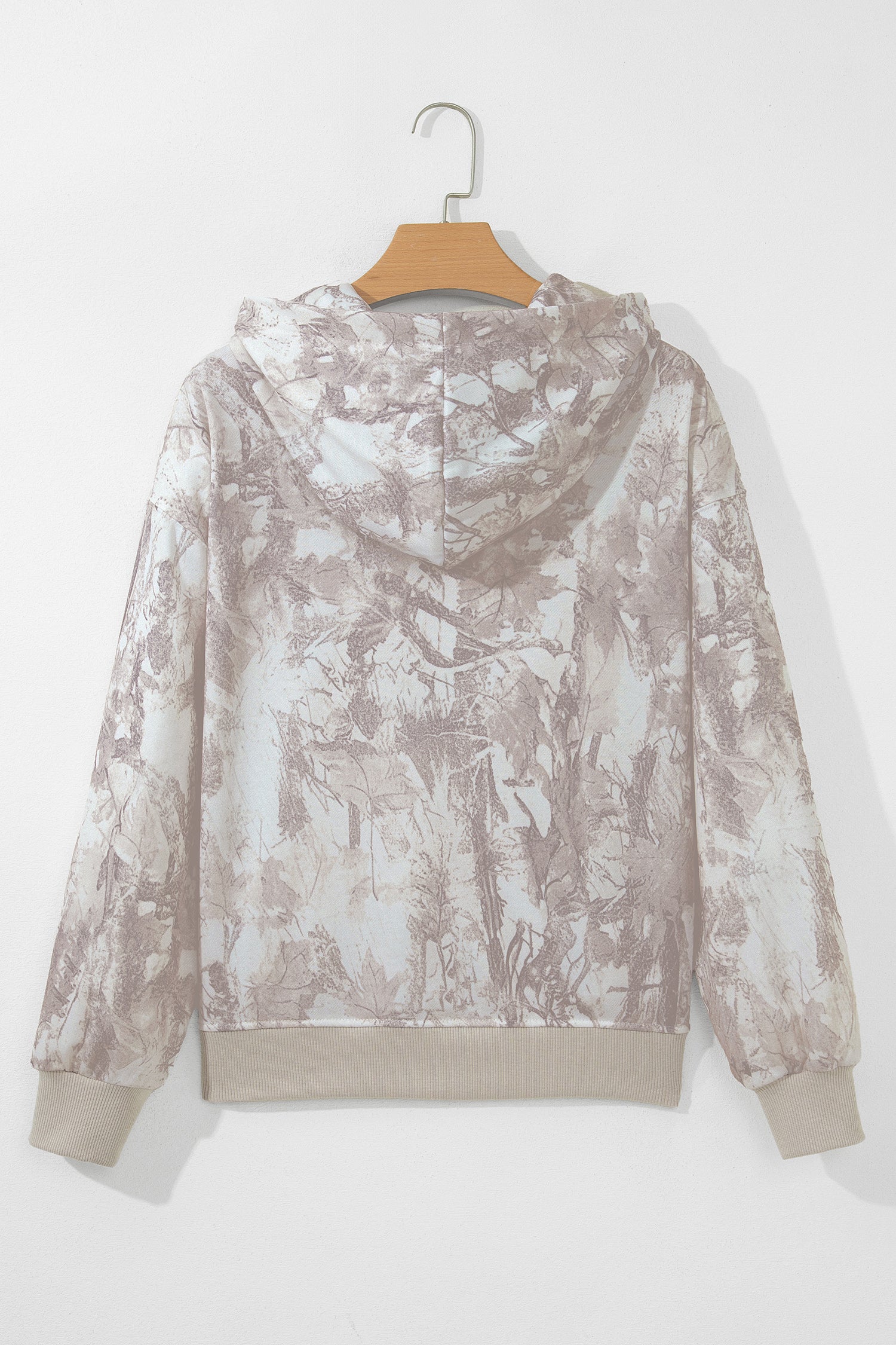 Gray Abstract Print Ribbed Cuffs Hem Long Sleeve Hoodie