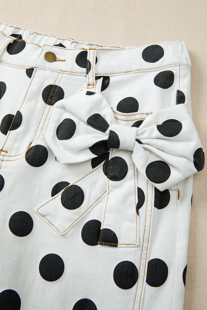 White Polka Dot Print Bow Detail Pocketed Jeans
