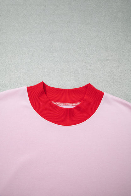 Pink Color Block Contrast Trim Plus Size Sweatshirt