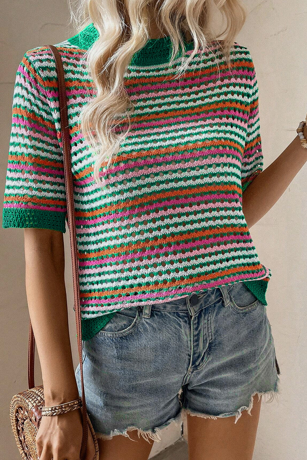 T-shirt en tricot pointelle à rayures vert foncé et bordure contrastée