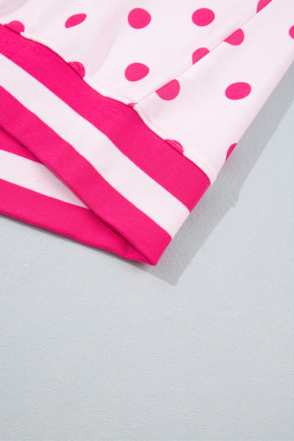 Pink Polka Dot Colorblock Round Neck Pullover Sweatshirt
