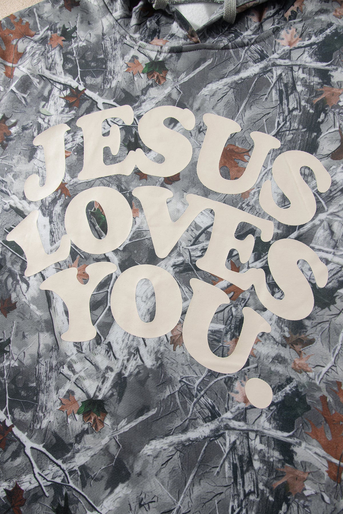 Beige Woodland Camouflage Print JESUS LOVES YOU Tunic Hoodie