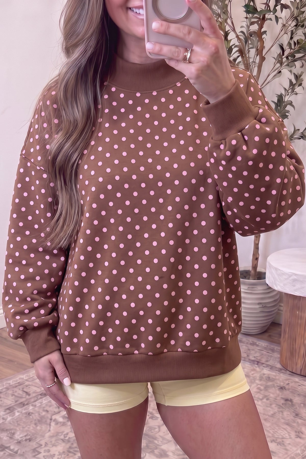 Brown Casual Polka Dot Mock Neck Sweatshirt