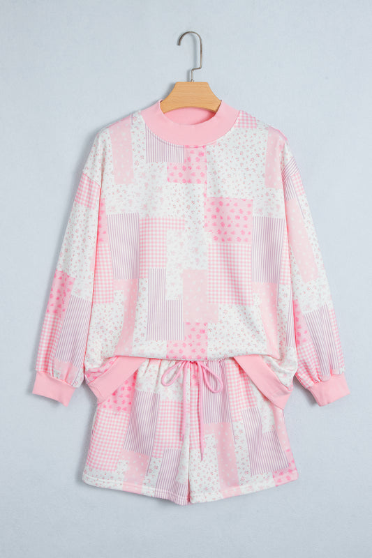 Light Pink Patchwork Floral Print Drop Shoulder Baggy Pullover Drawstring Shorts Set
