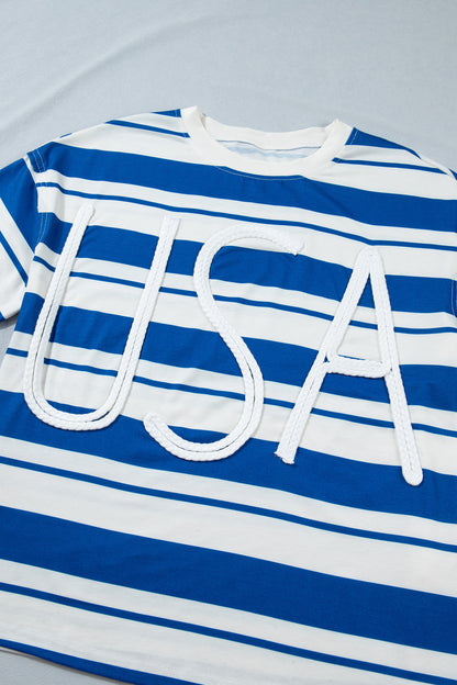 Blue Stripe USA Graphic Drop Shoulder Half Sleeve Loose T Shirt