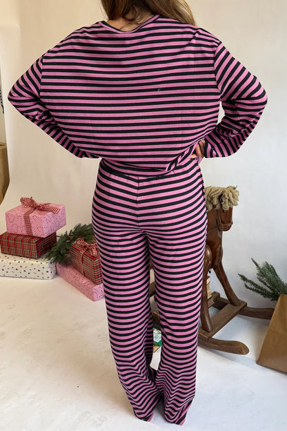 Pink Stripe Casual Long Sleeve Top Drawstring Pant Set