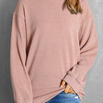 Pink Solid Ribbed Knit Round Neck Pullover Sweatshirt