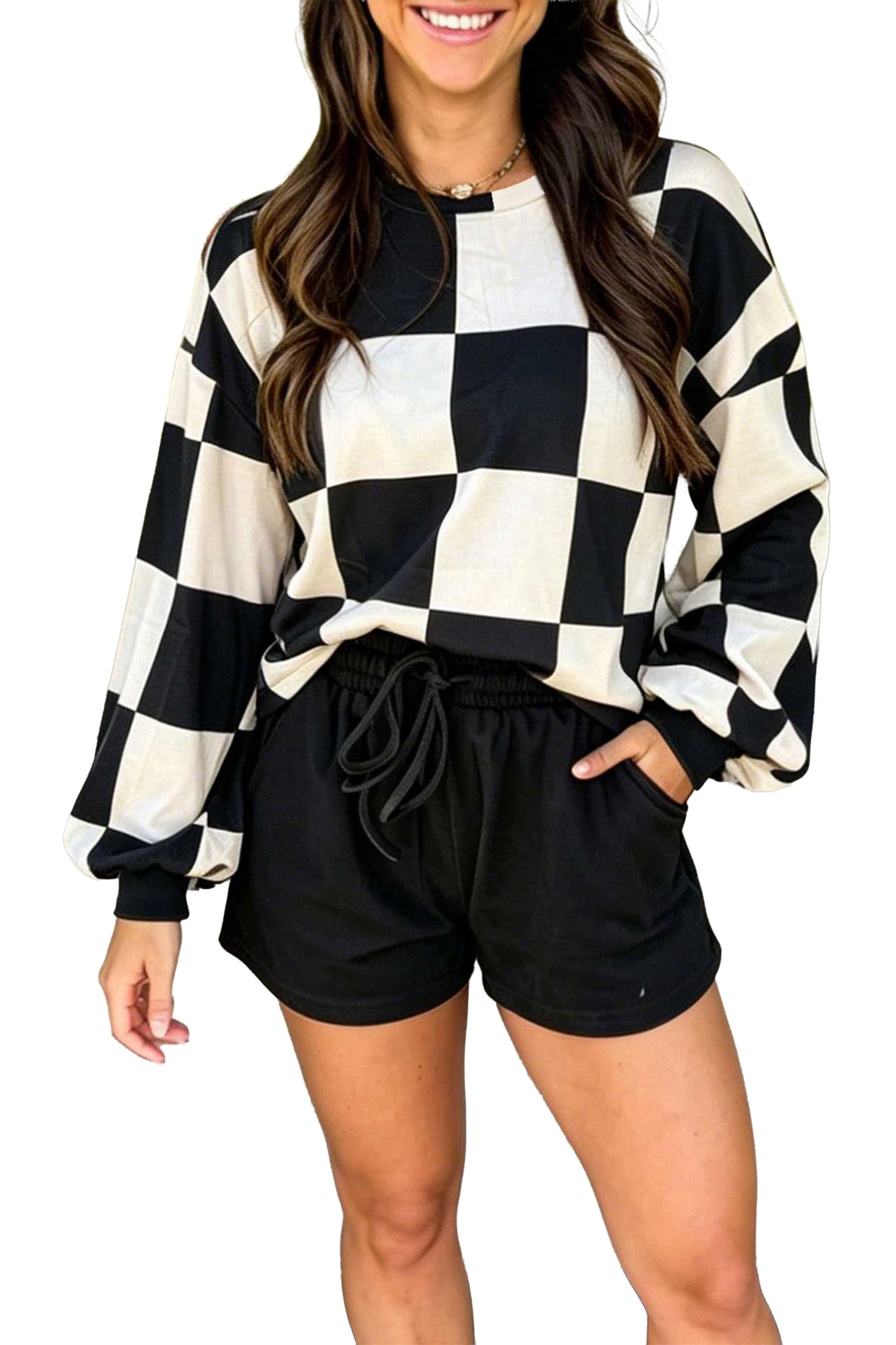 Black Checkerboard Plaid Long Sleeve Solid Color Shorts 2pcs Set