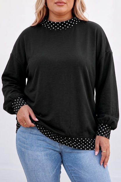 Black Polka Dot Patchwork Round Neck Plus Size Sweatshirt