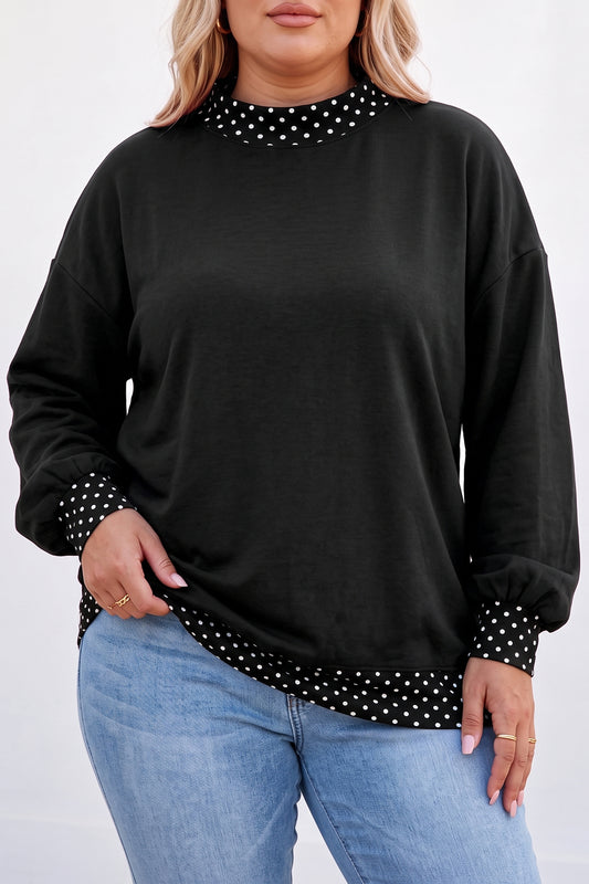 Black Polka Dot Patchwork Round Neck Plus Size Sweatshirt