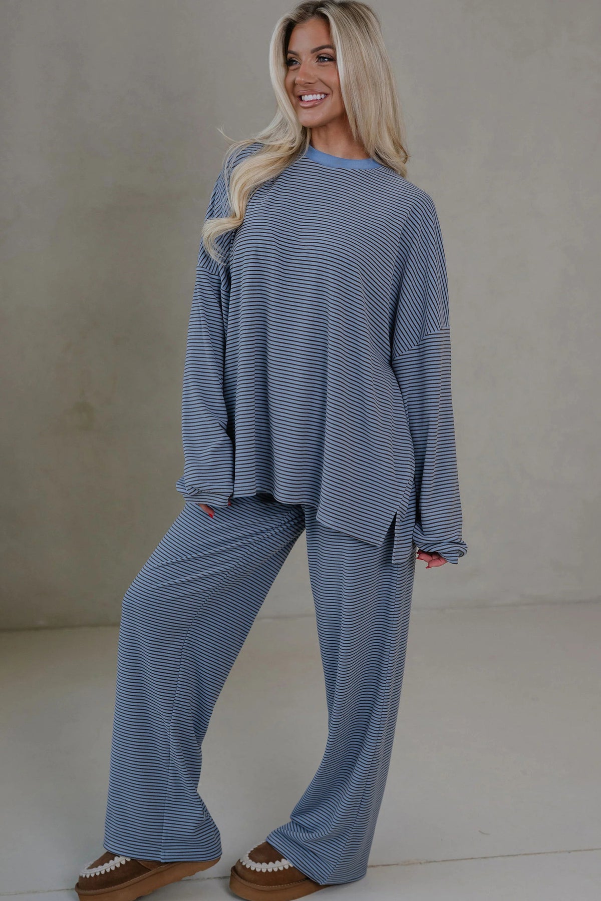Blue Stripe Contrast Trim Round Neck Oversize Long Sleeve Top 2pcs Pant Set