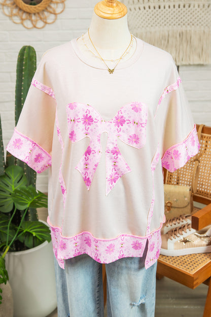Apricot Daisy Floral Bow Contrast Patchwork Loose T Shirt