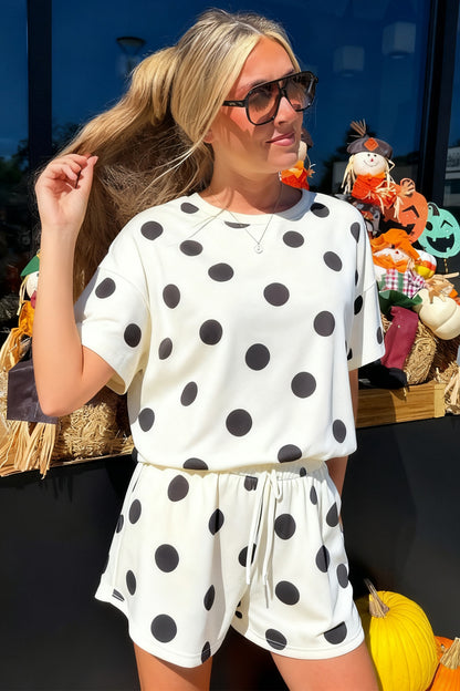 Black Polka Dot Print Loose Tee Drawstring Elastic Waist Short Set