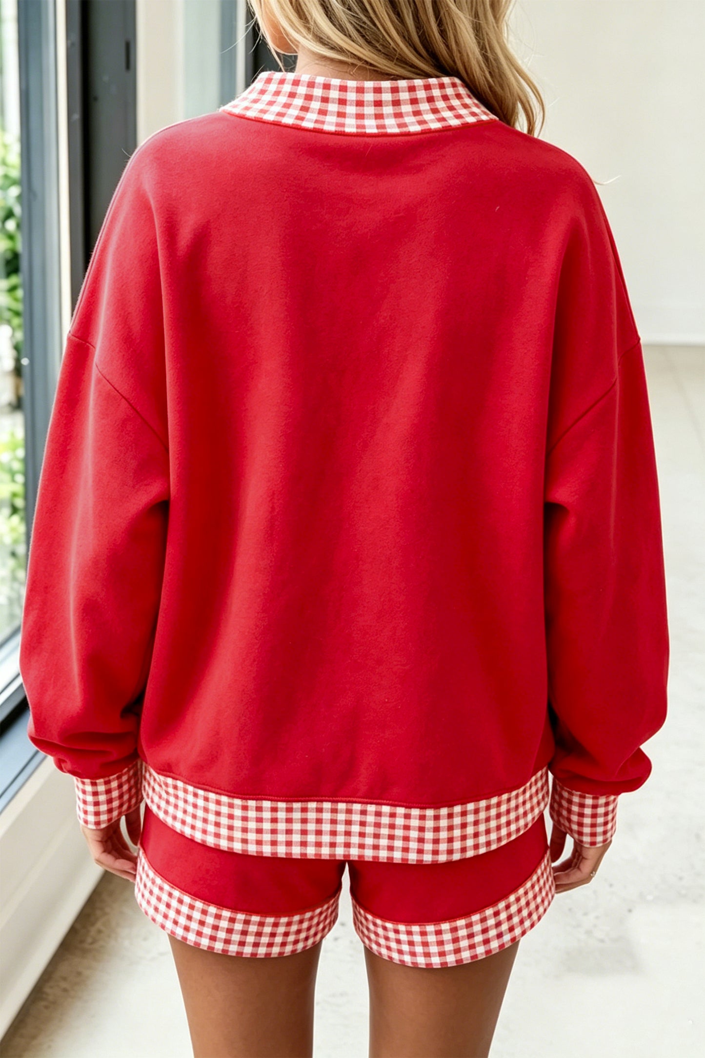 Fiery Red Gingham Trim Baggy Pullover 2pcs Short Set