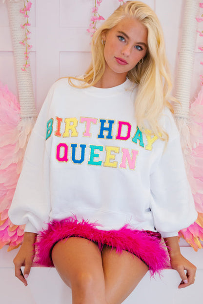 Sweat-shirt blanc à manches ballons avec imprimé BIRTHDAY QUEEN