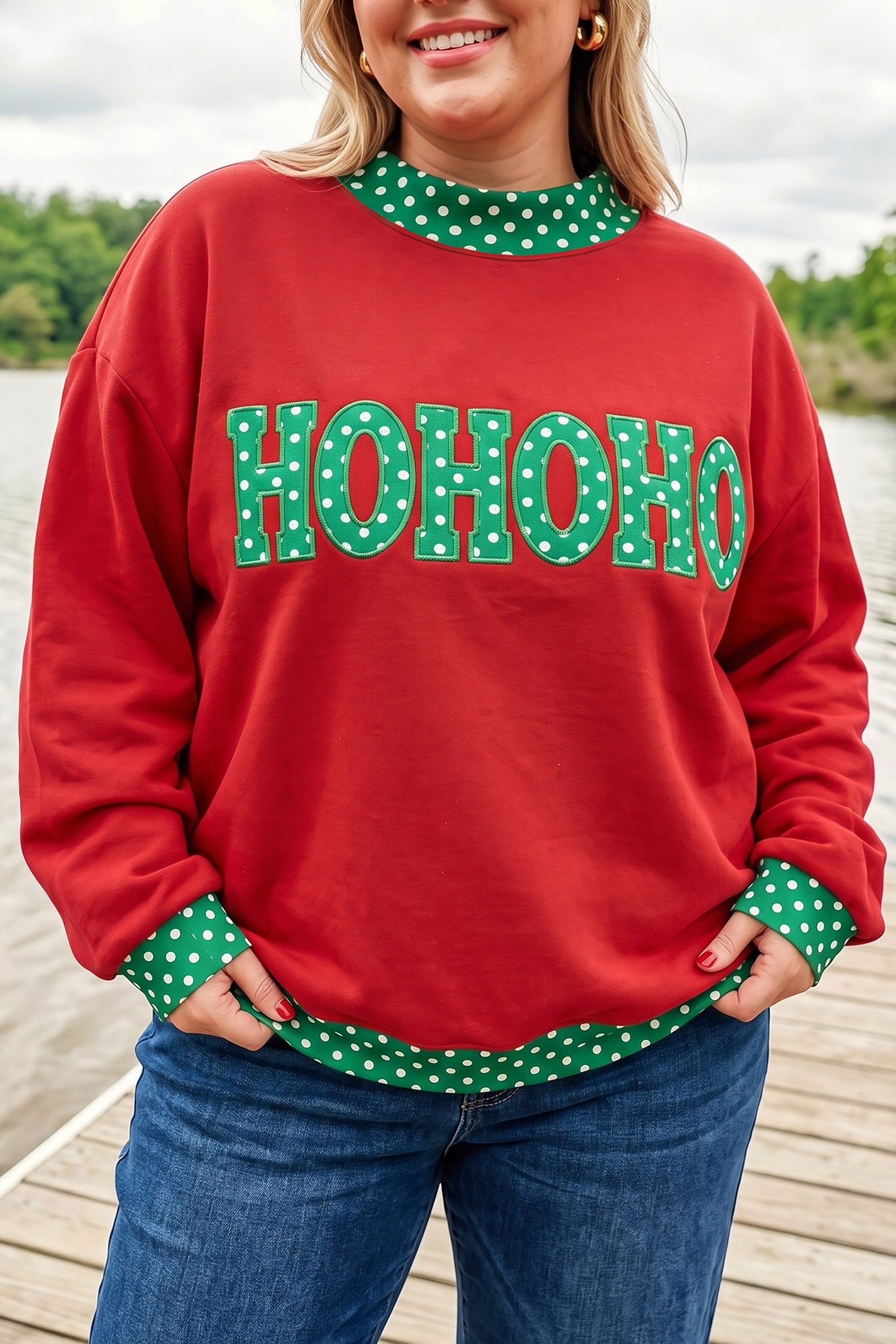 Fiery Red Casual Polka Dot Patchwork Letter Graphic Plus Size Sweatshirt