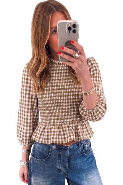 Brown 3/4 Sleeve Shirred Plaid Peplum Top