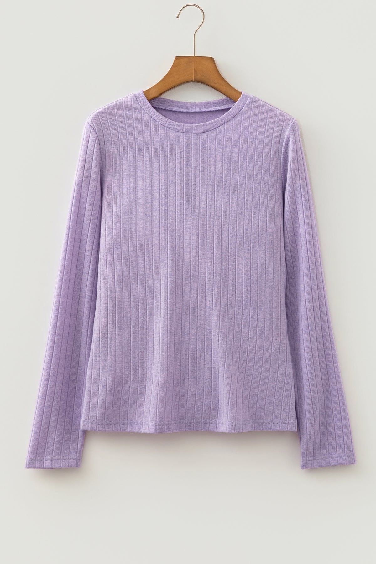 Lavendula Solid Color Ribbed Texture Long Sleeve Round Neck Casual Top