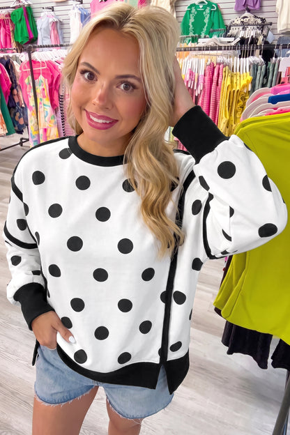 White Polka Dot Contrast Patchwork Round Neck Baggy Sweatshirt