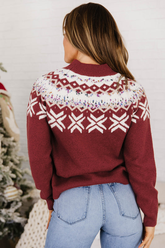 Red Dahlia Christmas Theme Geometric Pattern Knit Round Neck Shift Sweater
