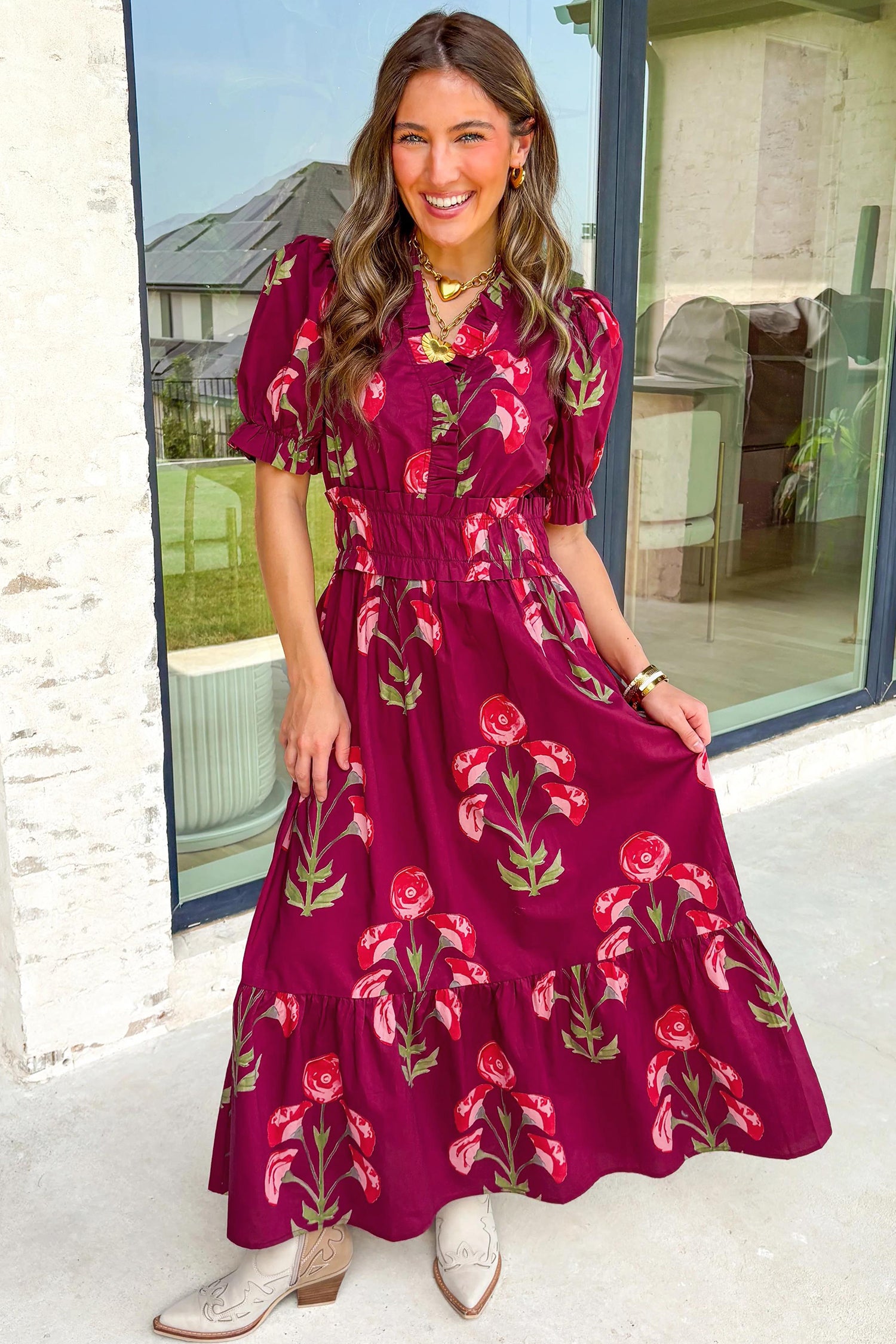 red floral ruffle dress Baltic Born Womens Orla Ruffle Maxi Dress | Red Floral