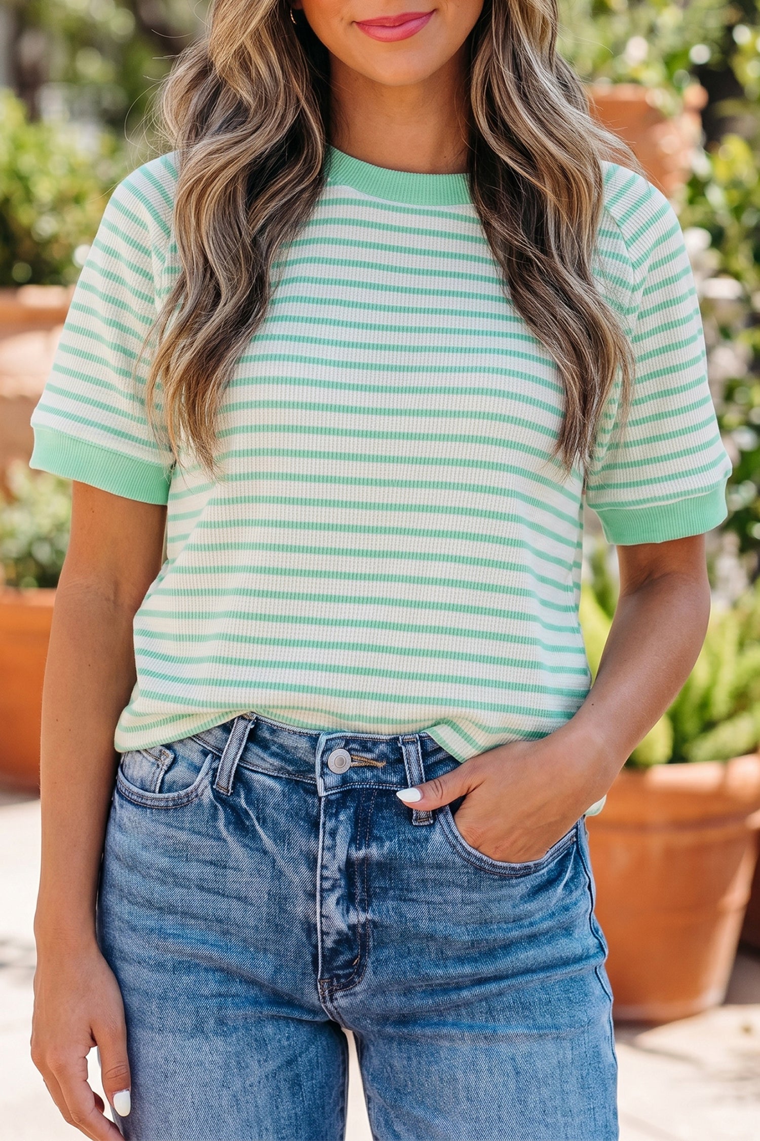 Green Stripe Colorblock Trim Round Neck Short Sleeve Tee