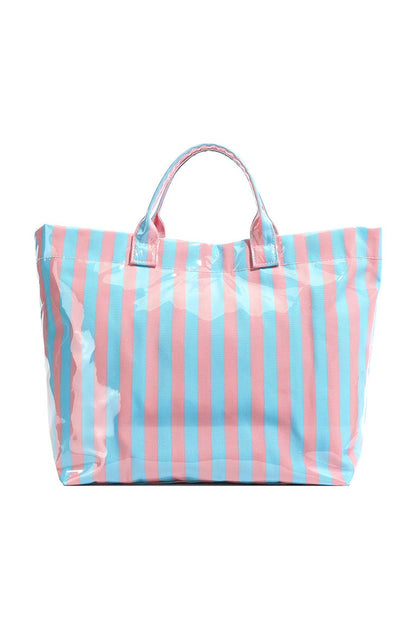 Light Blue Glossy Striped Vinyl Large Tote Bag