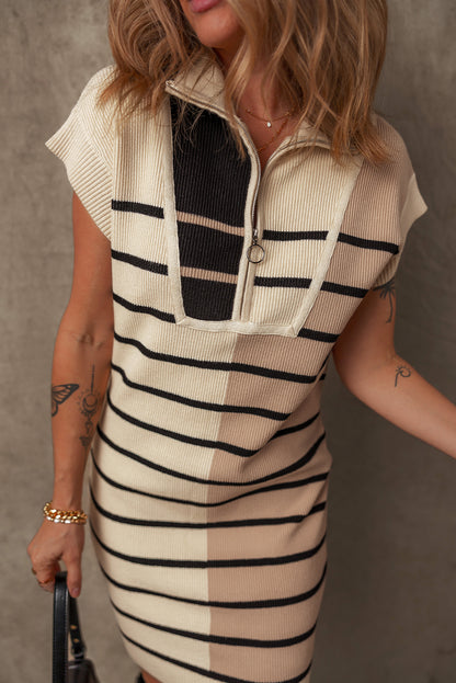 Black Stripe Color Block Quarter Zip Collar Short Sleeve Sweater Dress