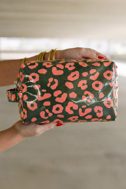 Blackish Green Leopard Print PVC Travel Makeup Organizer Cosmetic Bag