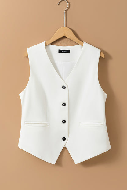Gilet de costume blanc uni à col en V et boutons