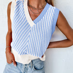 Sky Blue Contrast Chevron Knit V Neck Sweater Vest