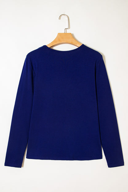 Navy Blue  Asymmetric Seam Detail Solid Color Long Sleeve Top