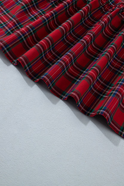 Red Plaid Long Sleeve Mini Shift Silhouette Decoration Dress