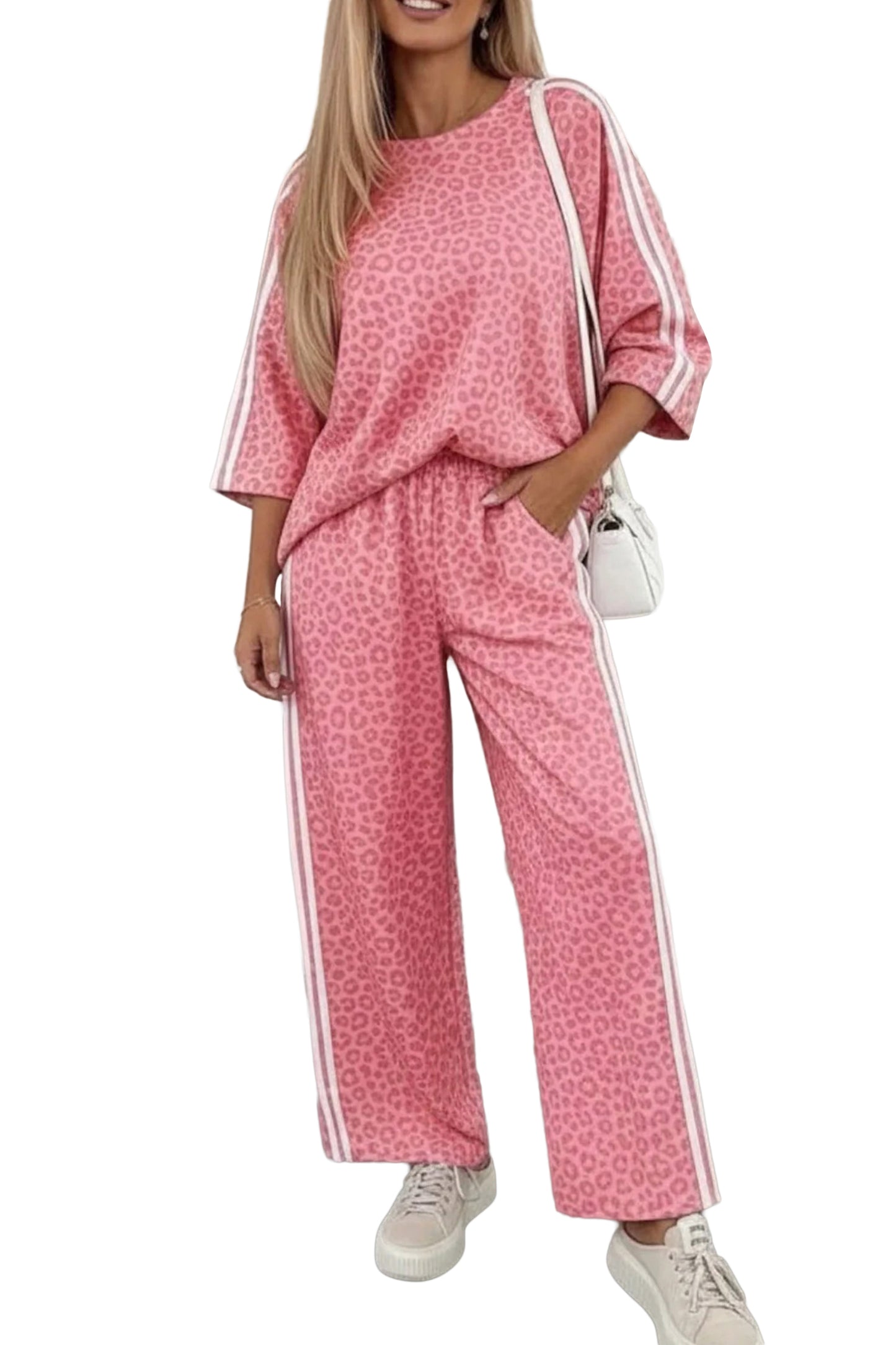 Pink Leopard Print Varsity Striped Detail 3/4 Sleeve Top Shift Pant Set