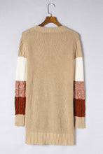 Khaki Color Block Long Sleeve Open Front Cardigan Sweater