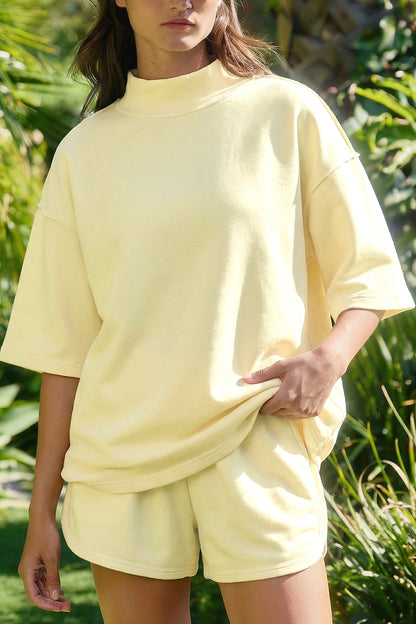 Yellow Cream Solid Color Exposed Seam Mock Neck Oversize Tee Casual Shorts 2pcs Outfit