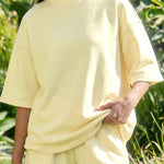 Yellow Cream Solid Color Exposed Seam Mock Neck Oversize Tee Casual Shorts 2pcs Outfit