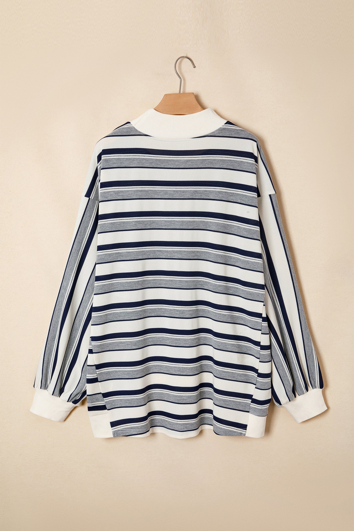 Blue Stripe Striped Ribbed Stand Neck Long Sleeve Shift Silhouette Sweatshirt
