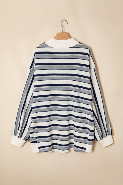 Blue Stripe Striped Ribbed Stand Neck Long Sleeve Shift Silhouette Sweatshirt