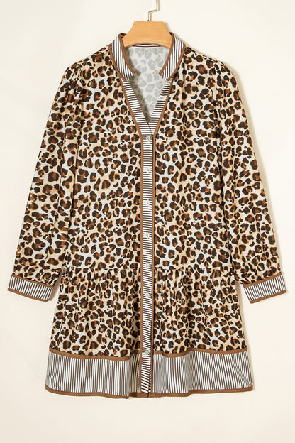 Brown Leopard Print Striped Patchwork 3/4 Sleeve Loose Mini Dress