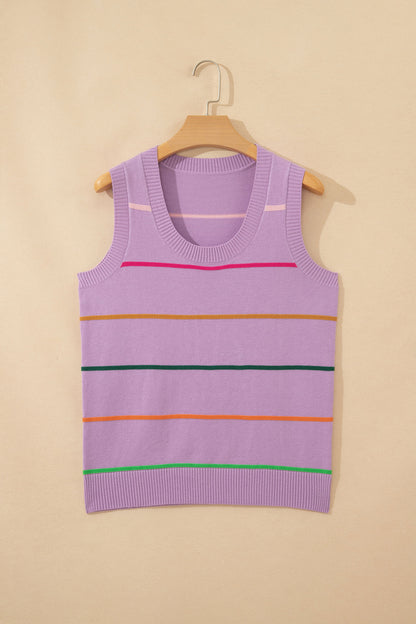 Purple Stripe Round Neck Knitted Sweater Tank