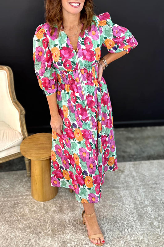 Rose Vibrant Floral Print V Neck Zip Up Puffy Half Sleeve Dress
