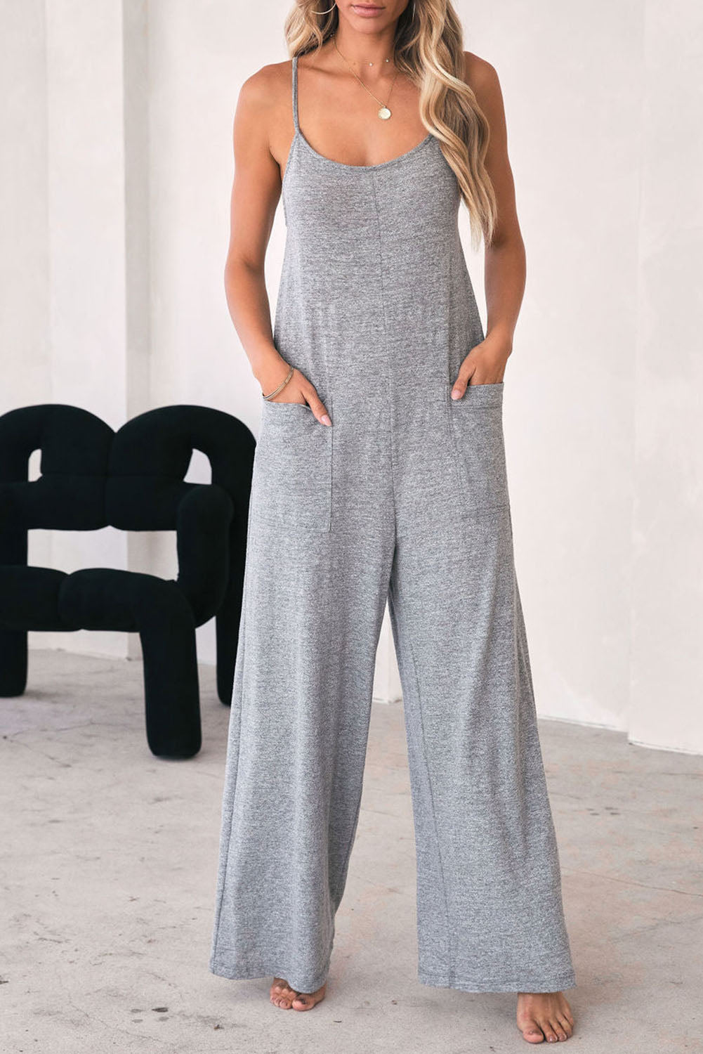 Loose Fit Side Pockets Spaghetti Strap Wide Leg Jumpsuit